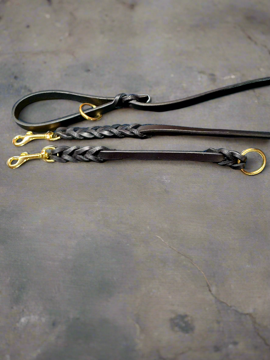 4 foot black braided English bridle leash and tab set