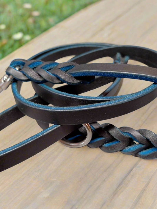 5 foot Blue on black braided leash matching tab set with rings